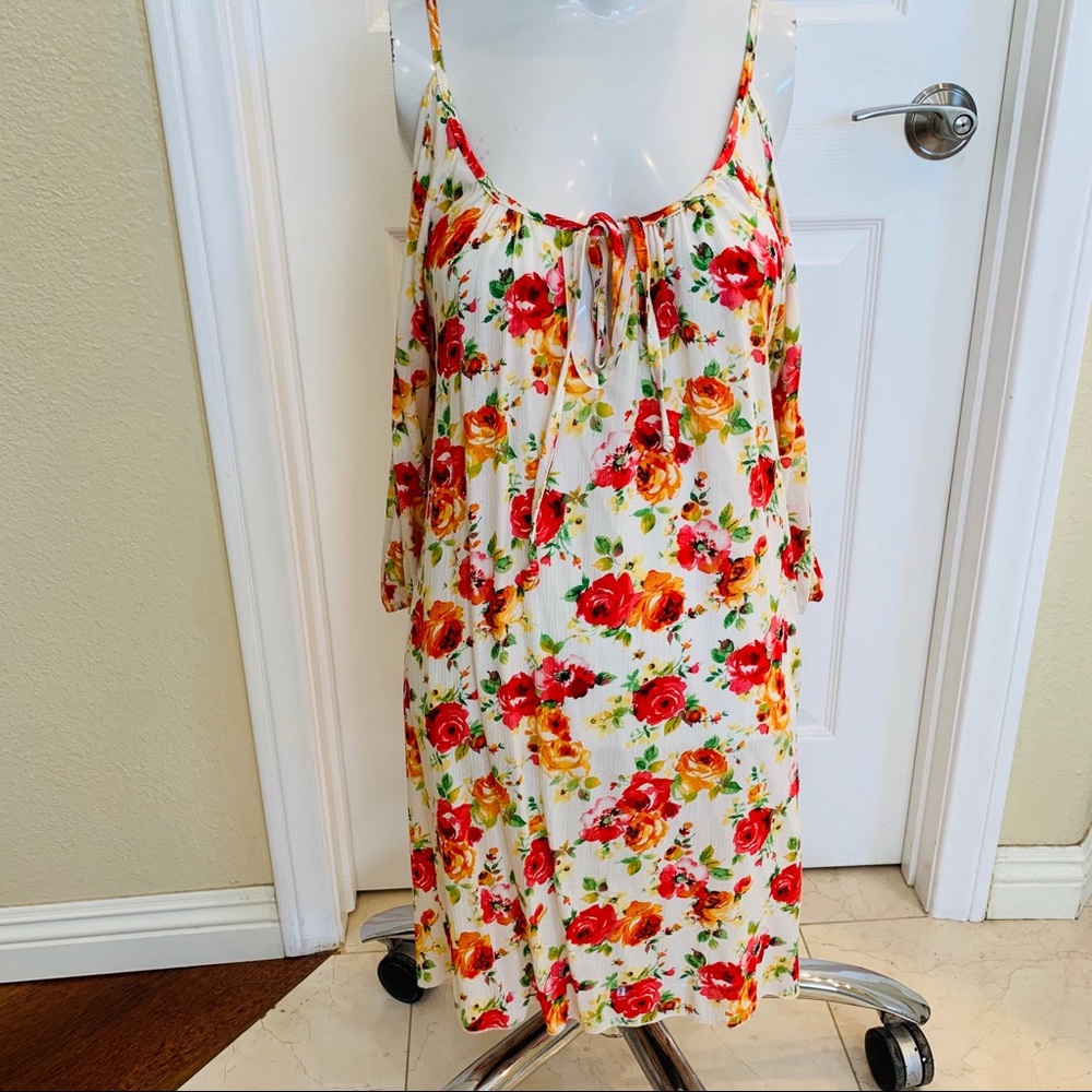 Boho Floral print cold shoulder mini summer dress S